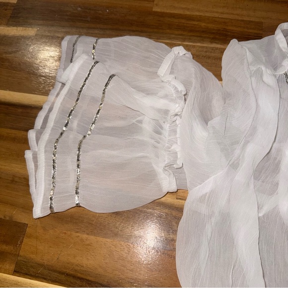 Express Sheer White Kimono with tie and silver details with Ruffles Size Medium - Picture 2 of 3
